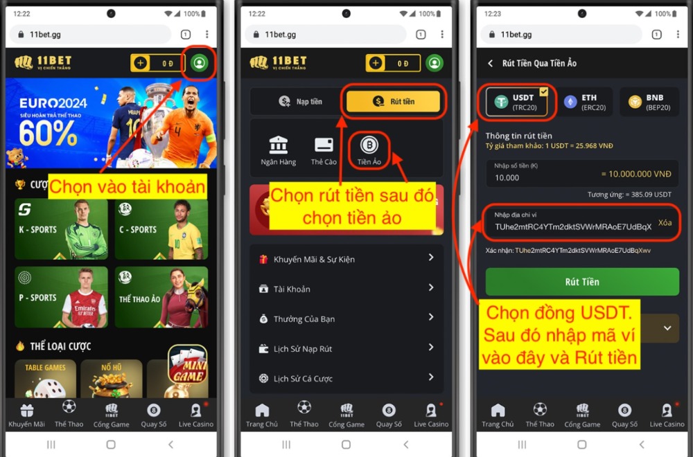 Truy cập vào tài khoản 11bet để rút tiền ảo ra Binance